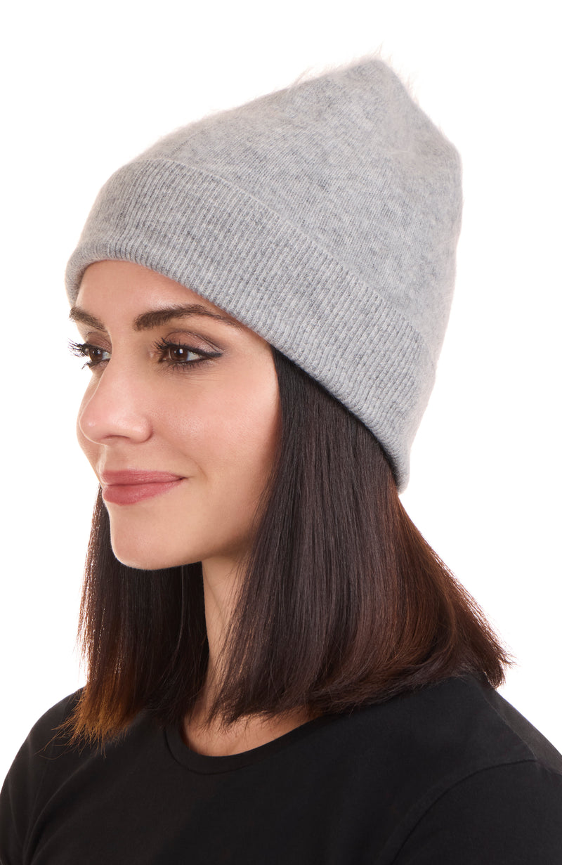 BRUSHED CASHMERE JERSEY CUFFED BEANIE in grey