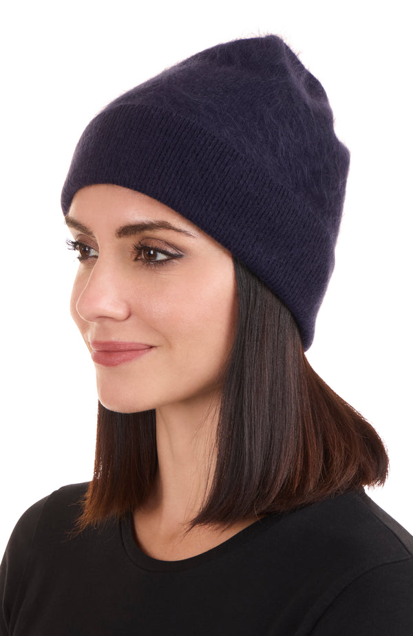 BRUSHED CASHMERE JERSEY CUFFED BEANIE in navy on model