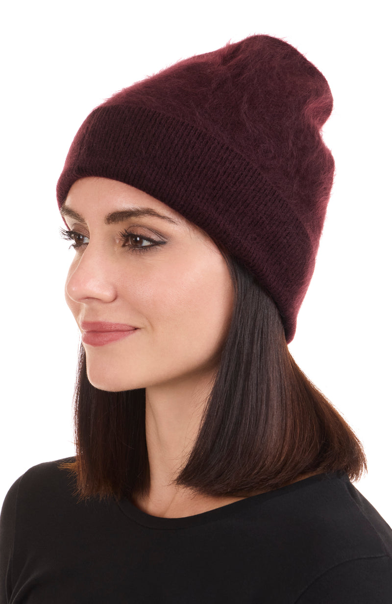 BRUSHED CASHMERE JERSEY CUFFED BEANIE in burgundy on model