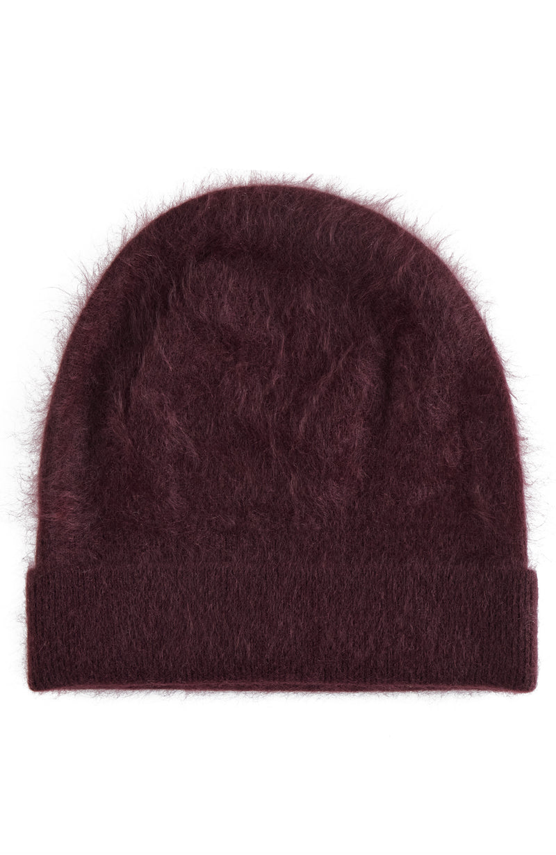 BRUSHED CASHMERE JERSEY CUFFED BEANIE in burgundy