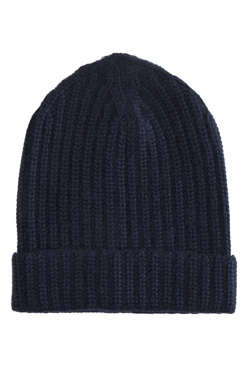 CASHMERE SILK CHUNKY RIB CUFFED HAT in navy