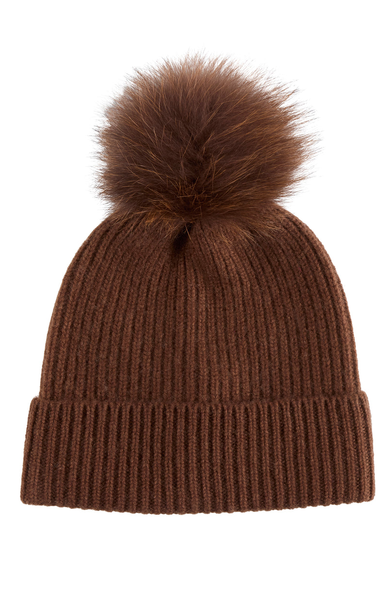 CHUNKY RIBBED CASHMERE HAT WITH FUR POM in mocha