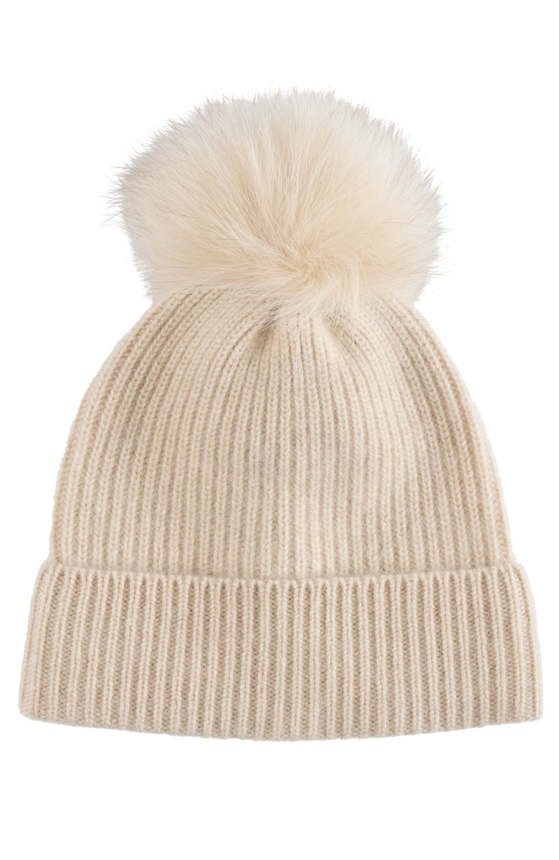CHUNKY RIBBED CASHMERE HAT WITH FUR POM in oat