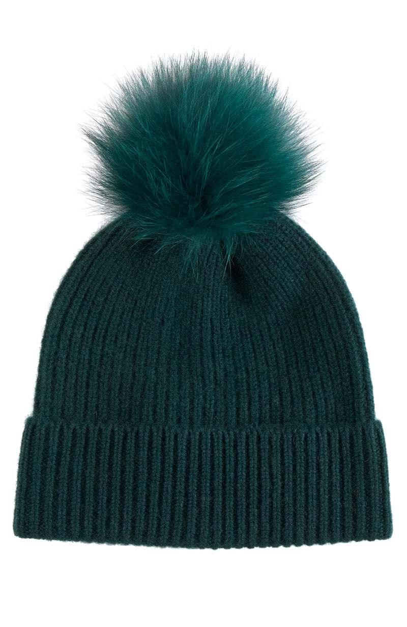CHUNKY RIBBED CASHMERE HAT WITH FUR POM in medium green