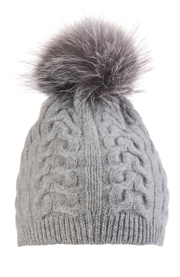 CASHMERE CABLE KNIT HAT WITH FOX POM in grey