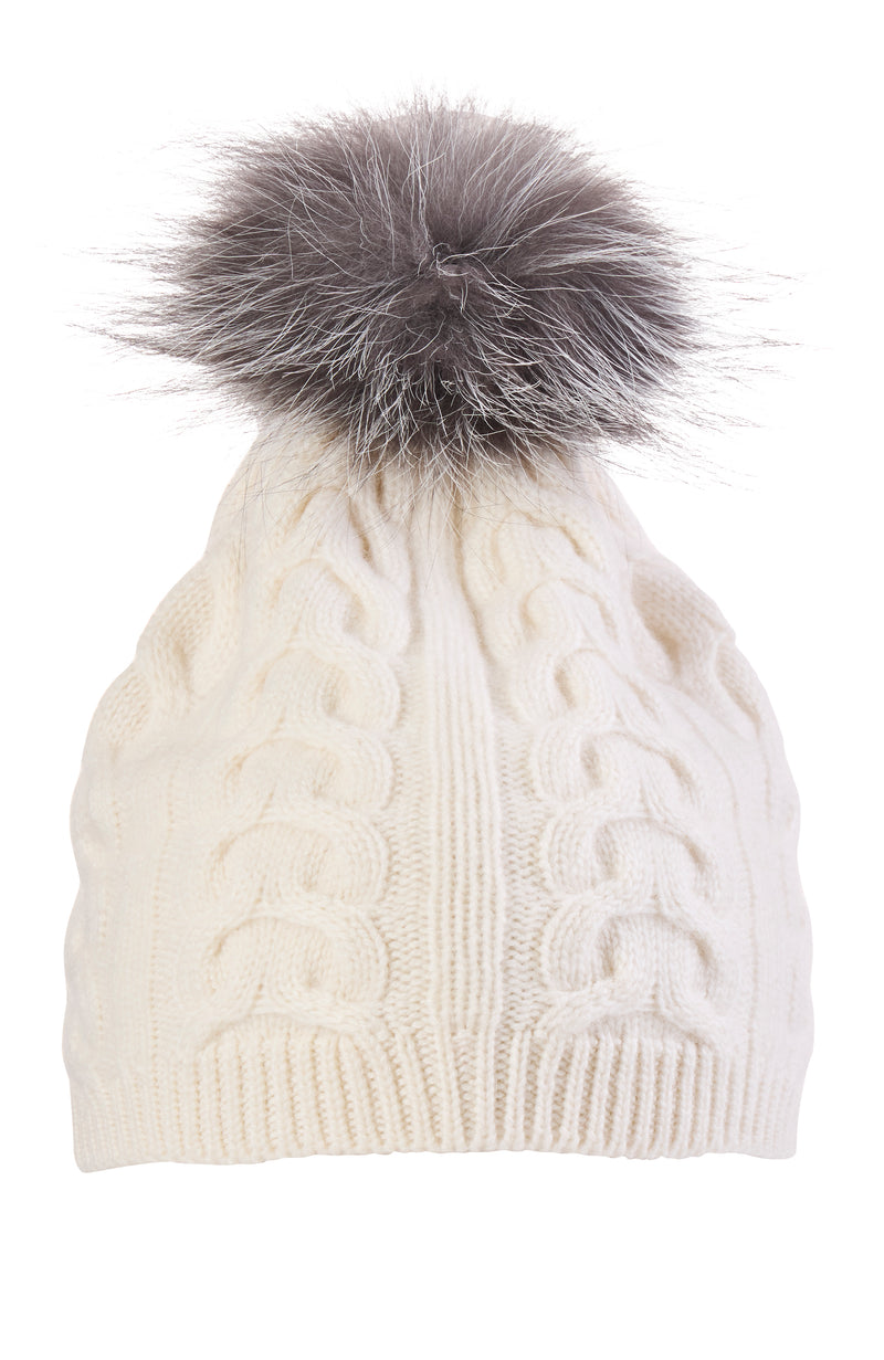 CASHMERE CABLE KNIT HAT WITH FOX POM in ivory