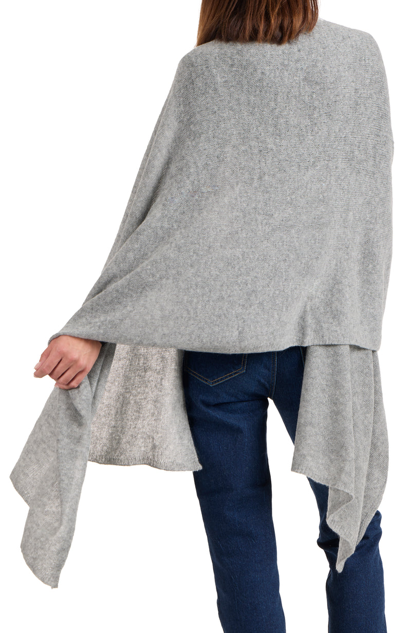 model wearing CASHMERE FEATHER WEIGHT TRAVEL WRAP in  grey