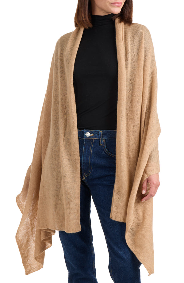 model wearing CASHMERE FEATHER WEIGHT TRAVEL WRAP in  camel