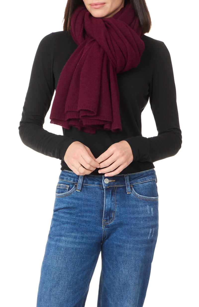 FEATHERWEIGHT CASHMERE TRAVEL WRAP in Bordeaux, tied