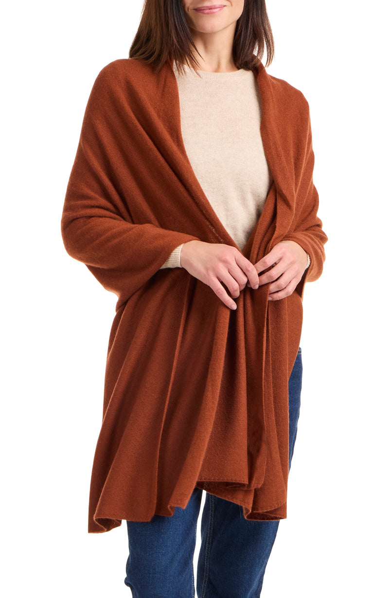 model wearing CASHMERE JERSEY TRAVEL WRAP in brown