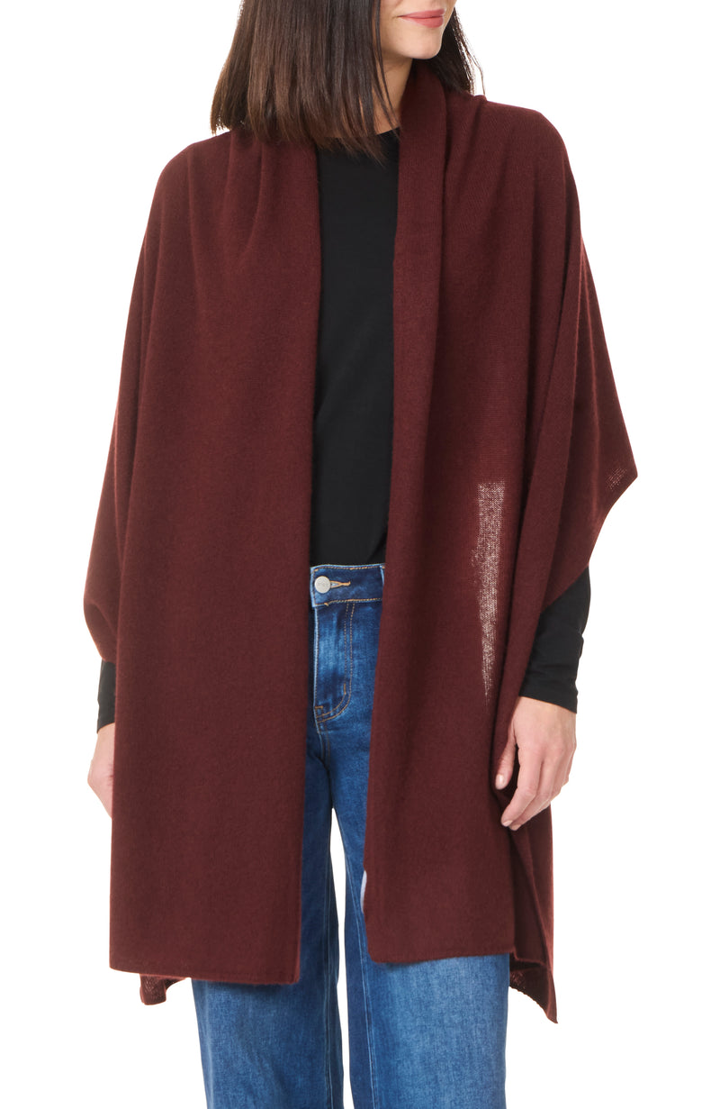 CASHMERE TRAVEL WRAP in Chestnut over shirt and jeans