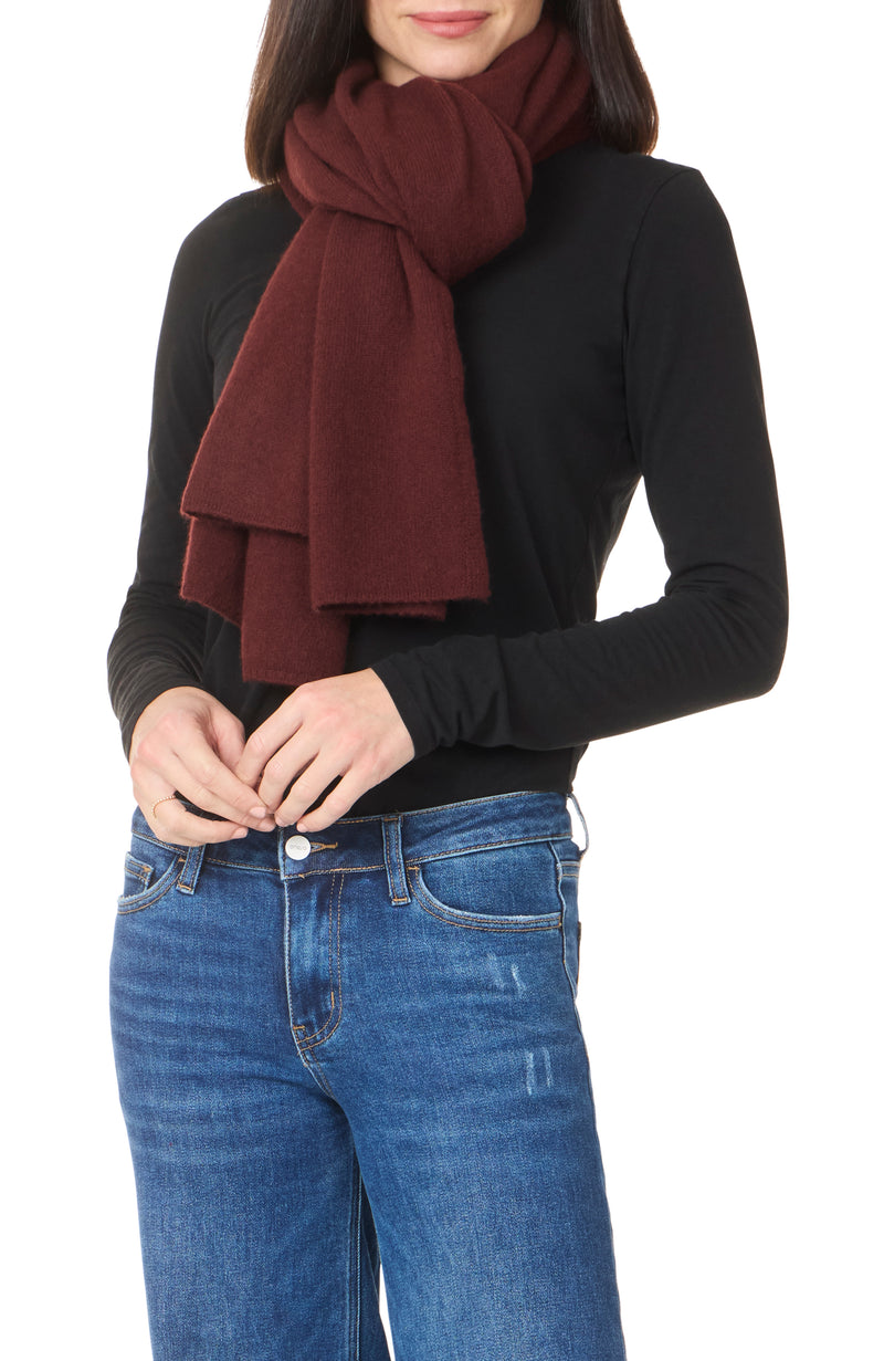 Tied CASHMERE TRAVEL WRAP in Chestnut over shirt and jeans