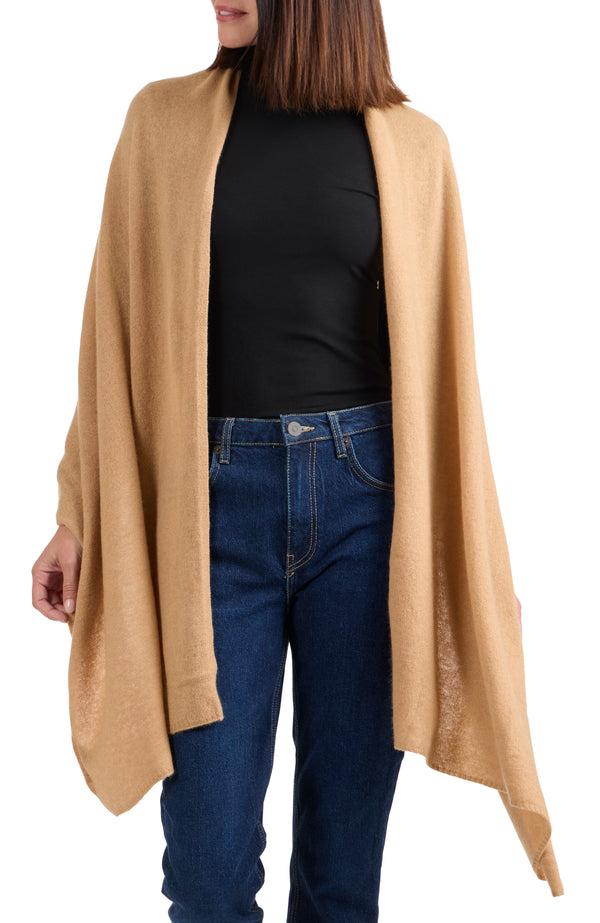 model wearing CASHMERE JERSEY TRAVEL WRAP in camel