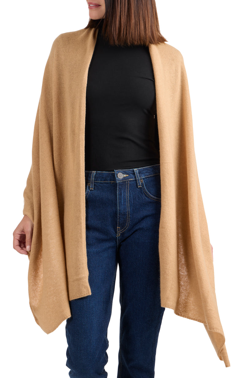 model wearing CASHMERE JERSEY TRAVEL WRAP in camel