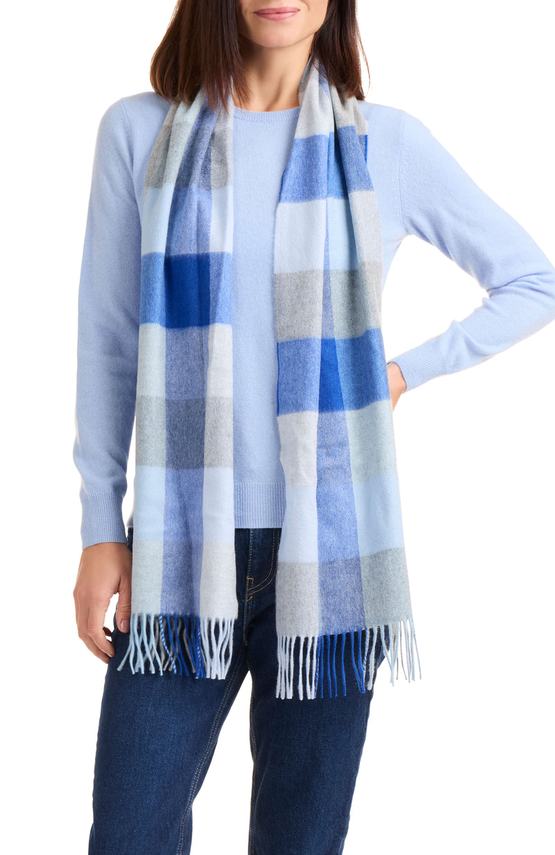 model wearing CASHMERE BUFFALO CHECK SCARF in blue multi 