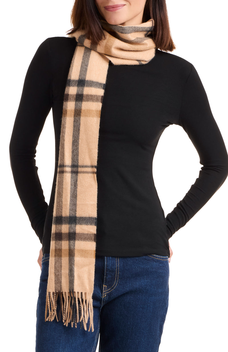 model wearing CASHMERE CHECK SCARF in light camel