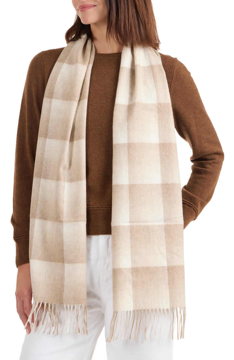 model wearing CASHMERE OMBRE GRID SCARF in natural