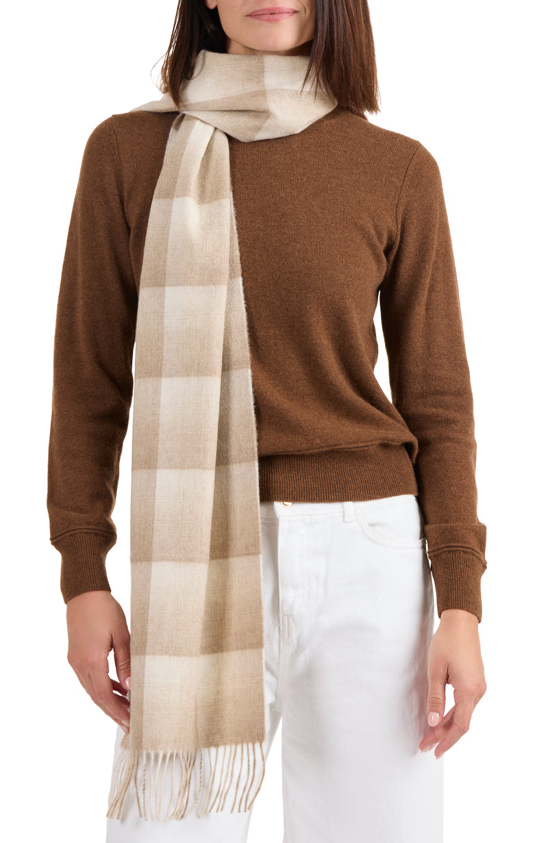 model wearing CASHMERE OMBRE GRID SCARF in natural