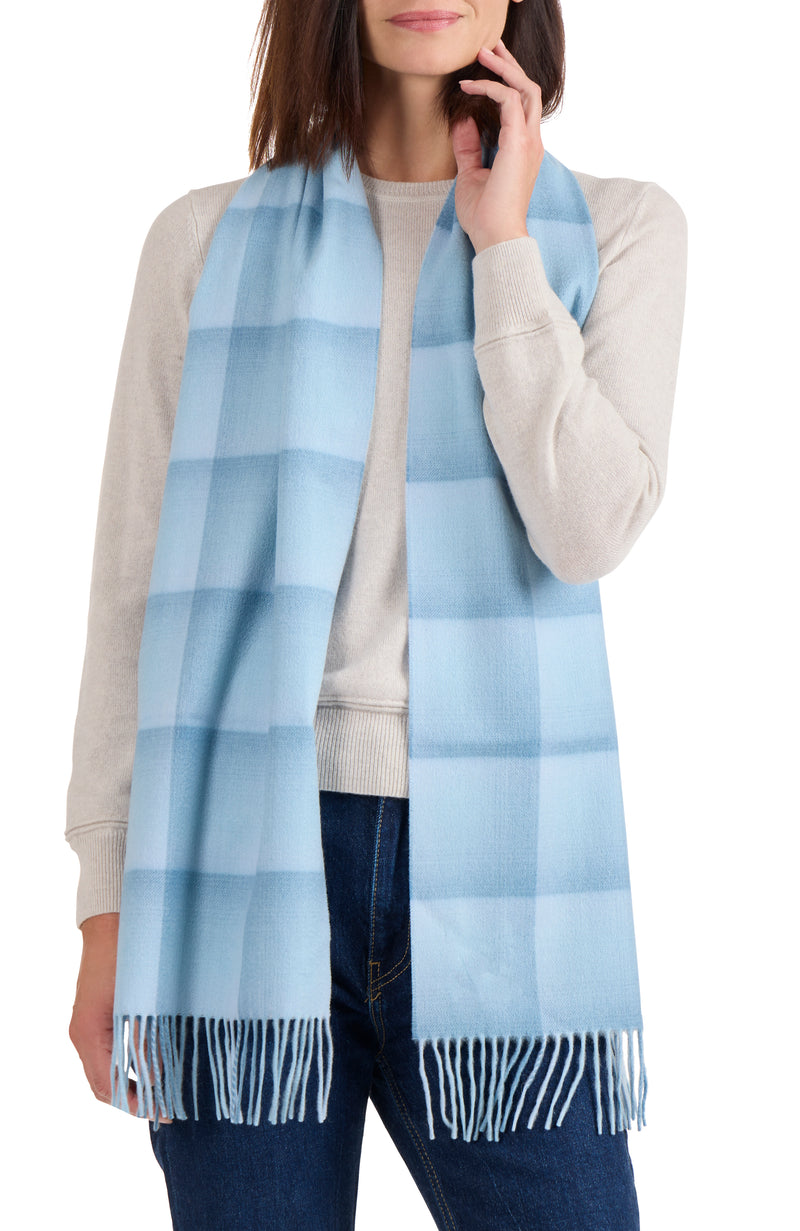 model wearing CASHMERE OMBRE GRID SCARF in blue