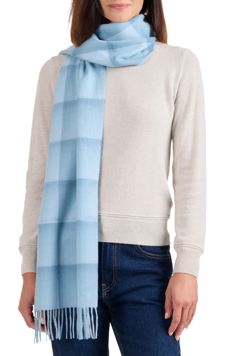 model wearing CASHMERE OMBRE GRID SCARF in blue