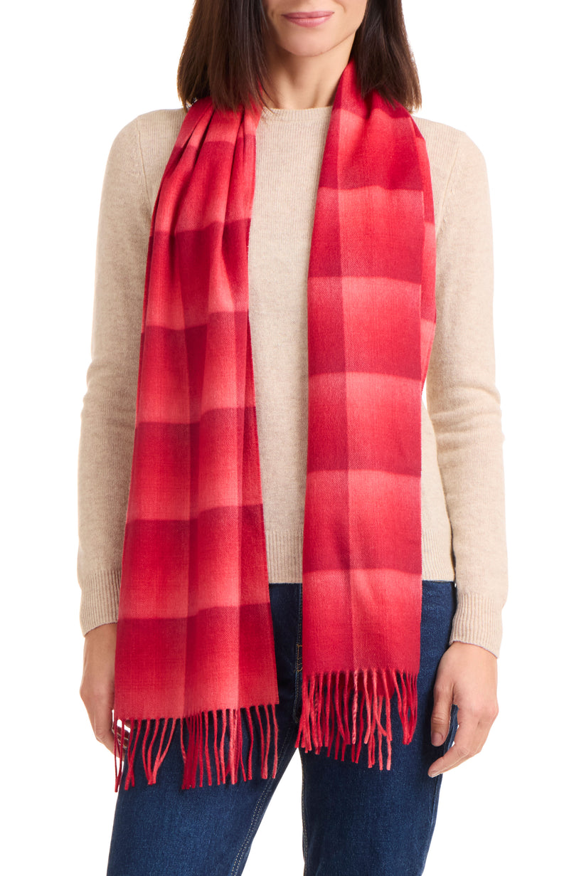 model wearing CASHMERE OMBRE GRID SCARF in red
