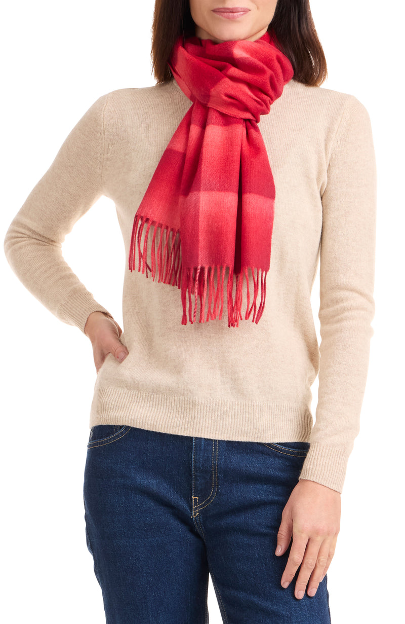 model wearing CASHMERE OMBRE GRID SCARF in red