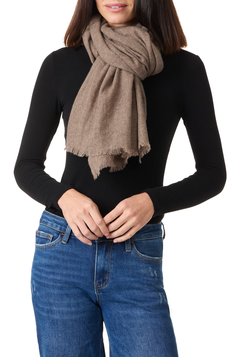 model wearing LIGHTWEIGHT CASHMERE GAUZE WRAP tied in brown
