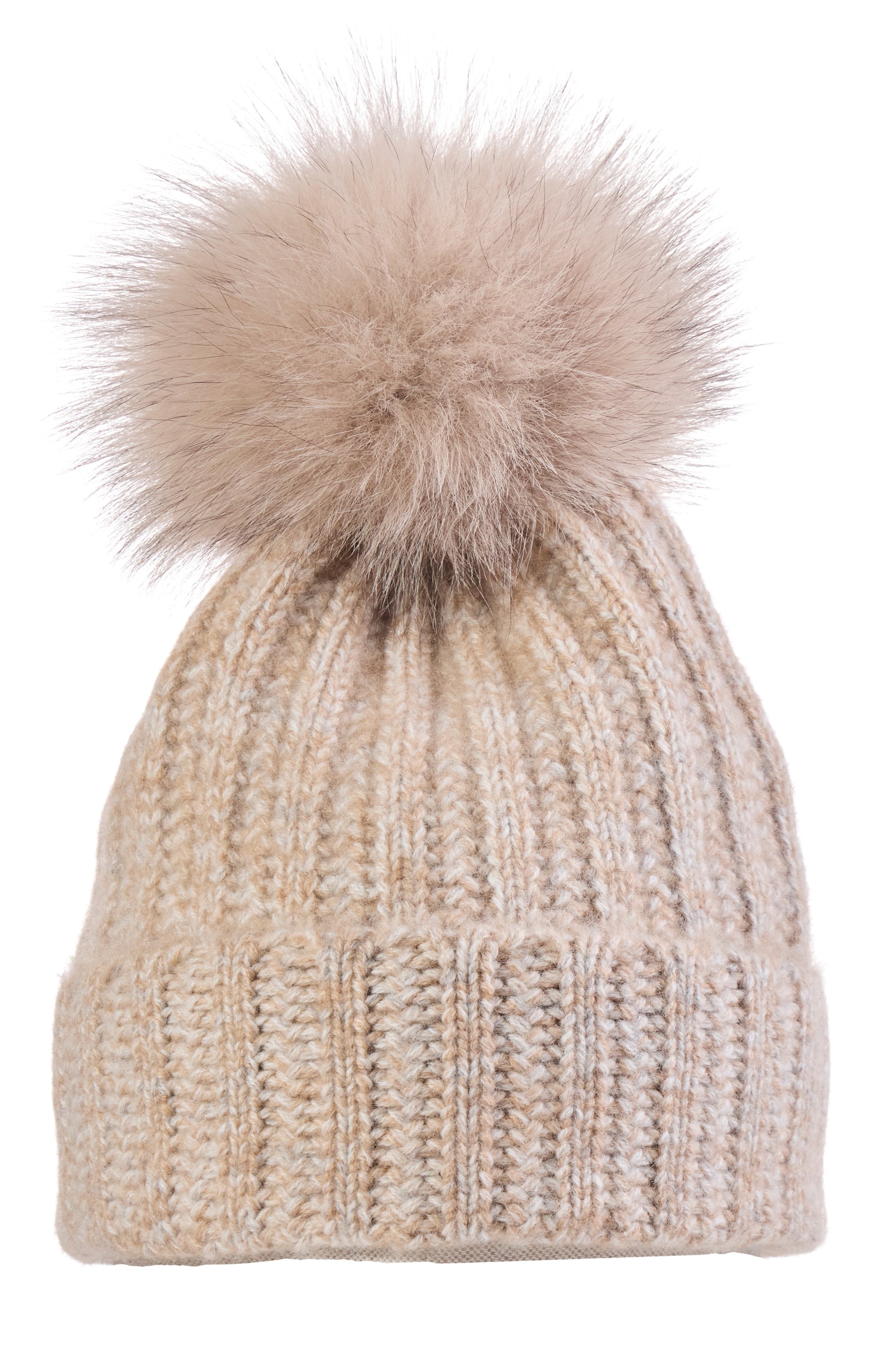 Marl Ladderstitch Cashmere Beanie with Fur Pom | Amicale Cashmere