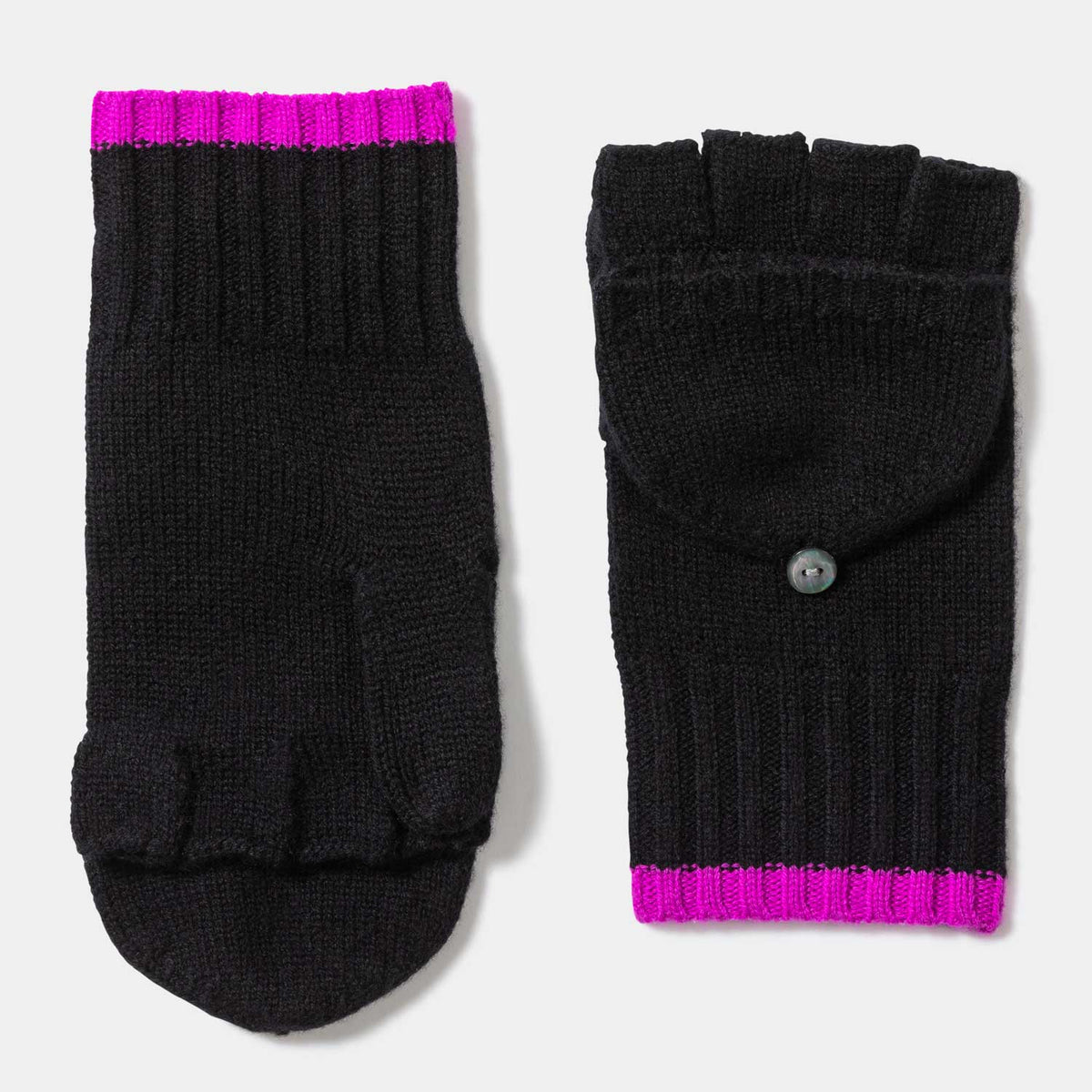 Picture of knit cashmere pop top glove, contrast color at cuff, black with magenta.