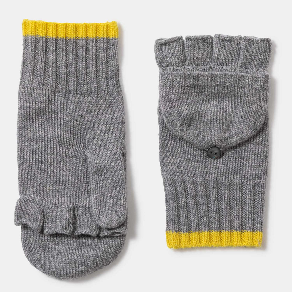 Picture of knit cashmere pop top glove, contrast color at cuff, grey and yellow.