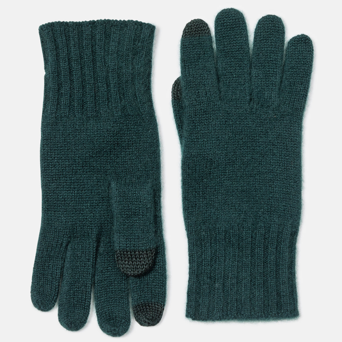 Picture of knit cashmere gloves with touch tech finger tips and rib cuff, dark green.