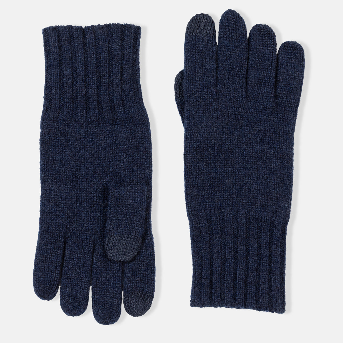 Picture of knit cashmere gloves with touch tech finger tips and rib cuff, navy.