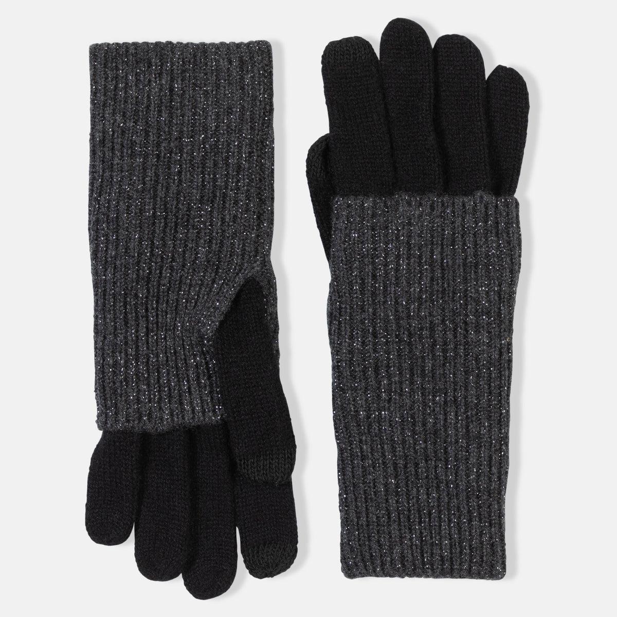 Picture of knitted cashmere gloves with foldover contrast sparkle cuff in cream and grey.