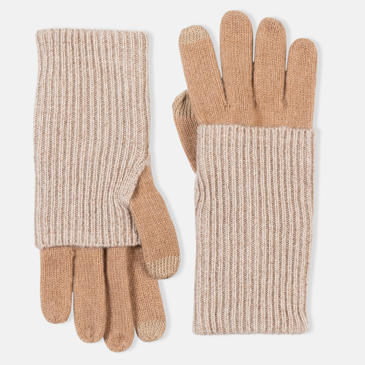 Picture of knitted cashmere gloves with foldover contrast sparkle cuff in camel and tan.