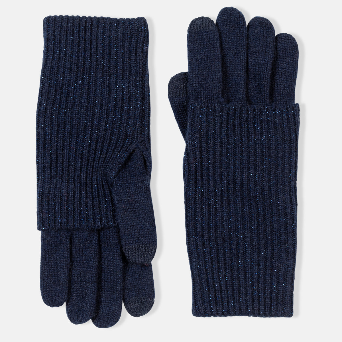 Picture of knitted cashmere gloves with foldover contrast sparkle cuff in navy and dark navy.