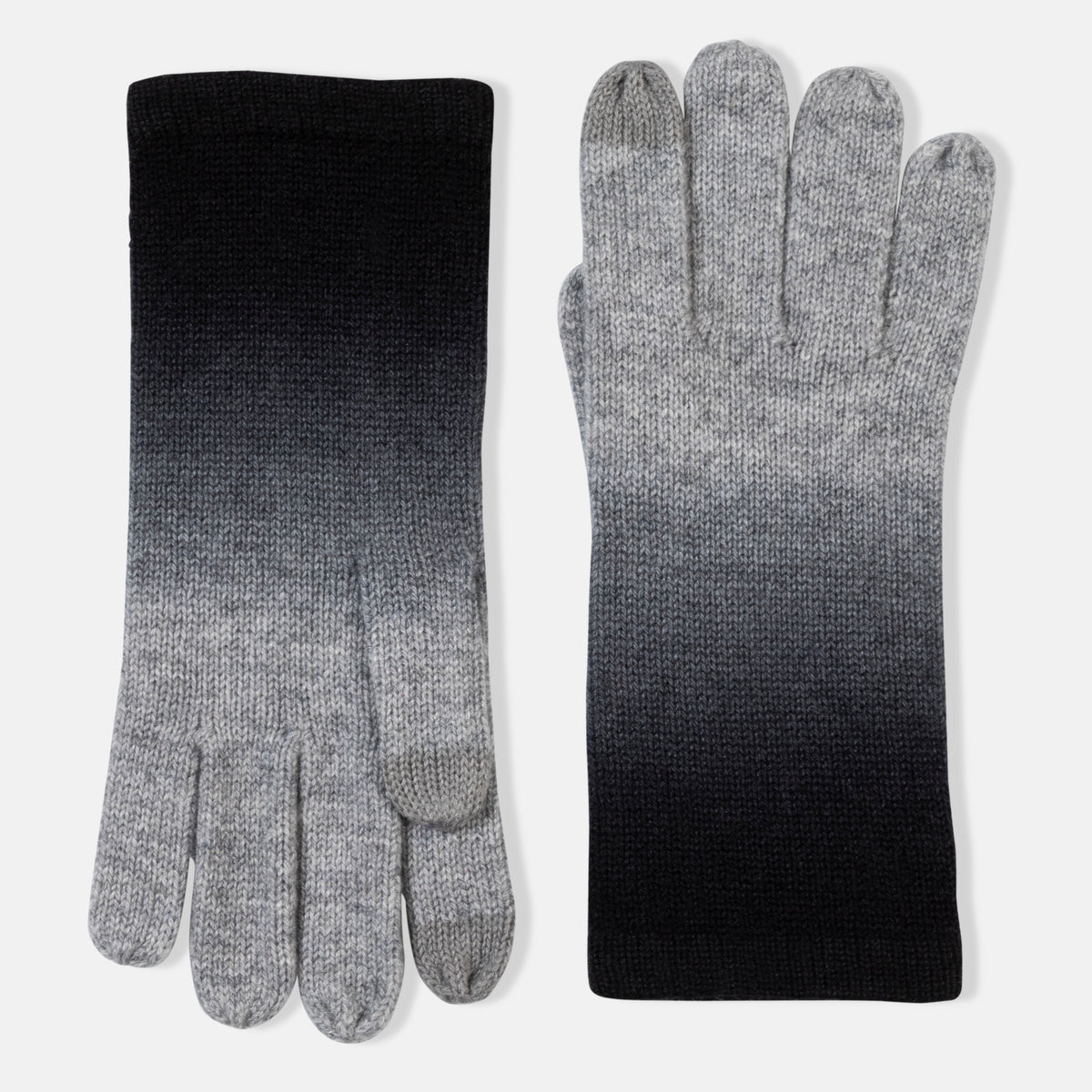 Picture of knitted cashmere gloves with tough tech at the thumb and pointer, in an ombre design of camel and brown.