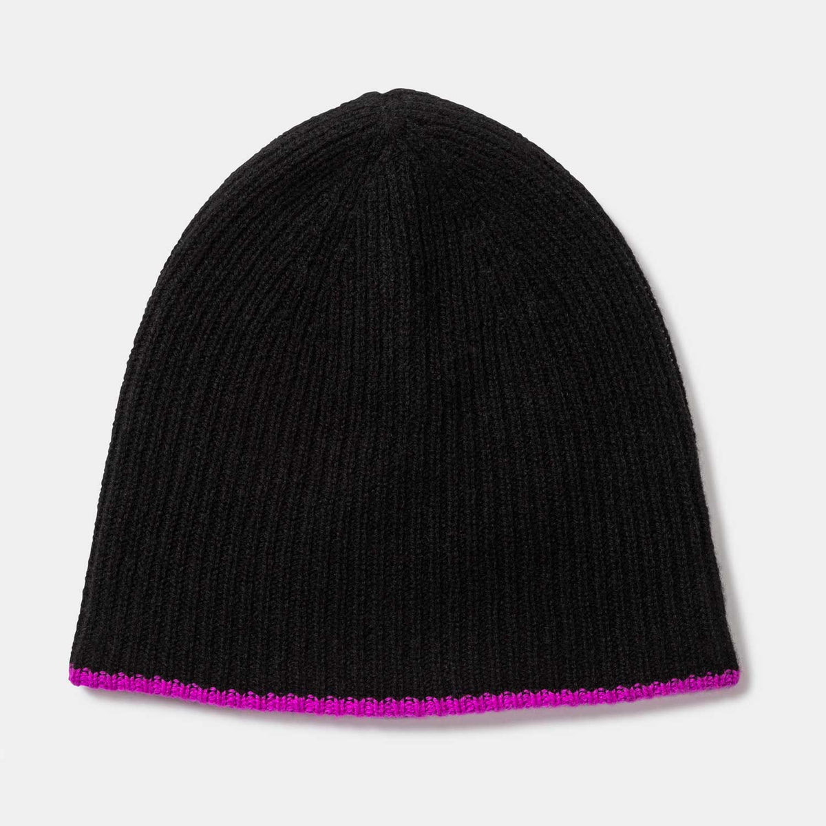 Picture of a double layer knit slouchy hat with colorful tipping in black with pink.