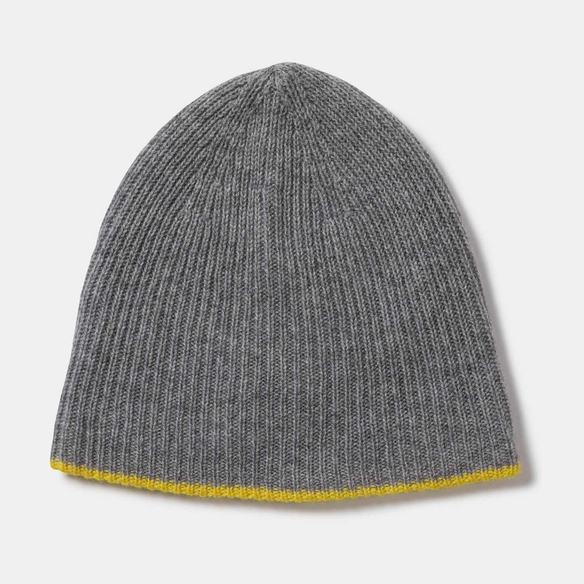 Picture of a double layer knit slouchy hat with colorful tipping in grey with yellow.
