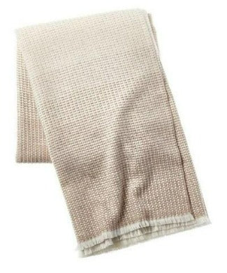 Picture of an ombre wool and cashmere throw with eyelash fringe in a beige and white color mix.