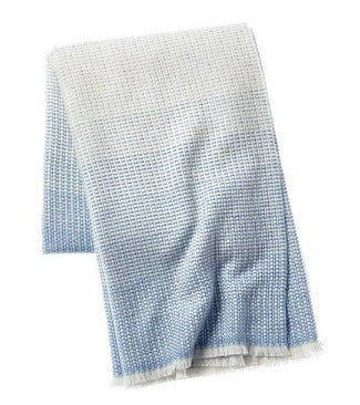 Picture of an ombre wool and cashmere throw with eyelash fringe in a beige and white color mix.
