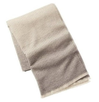 Picture of an ombre wool and cashmere throw with eyelash fringe in a blue and white color mix.