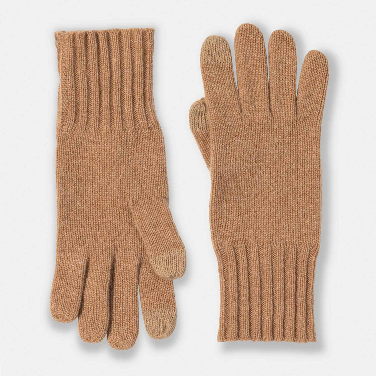 Picture of knit cashmere gloves with touch tech finger tips and rib cuff, camel.