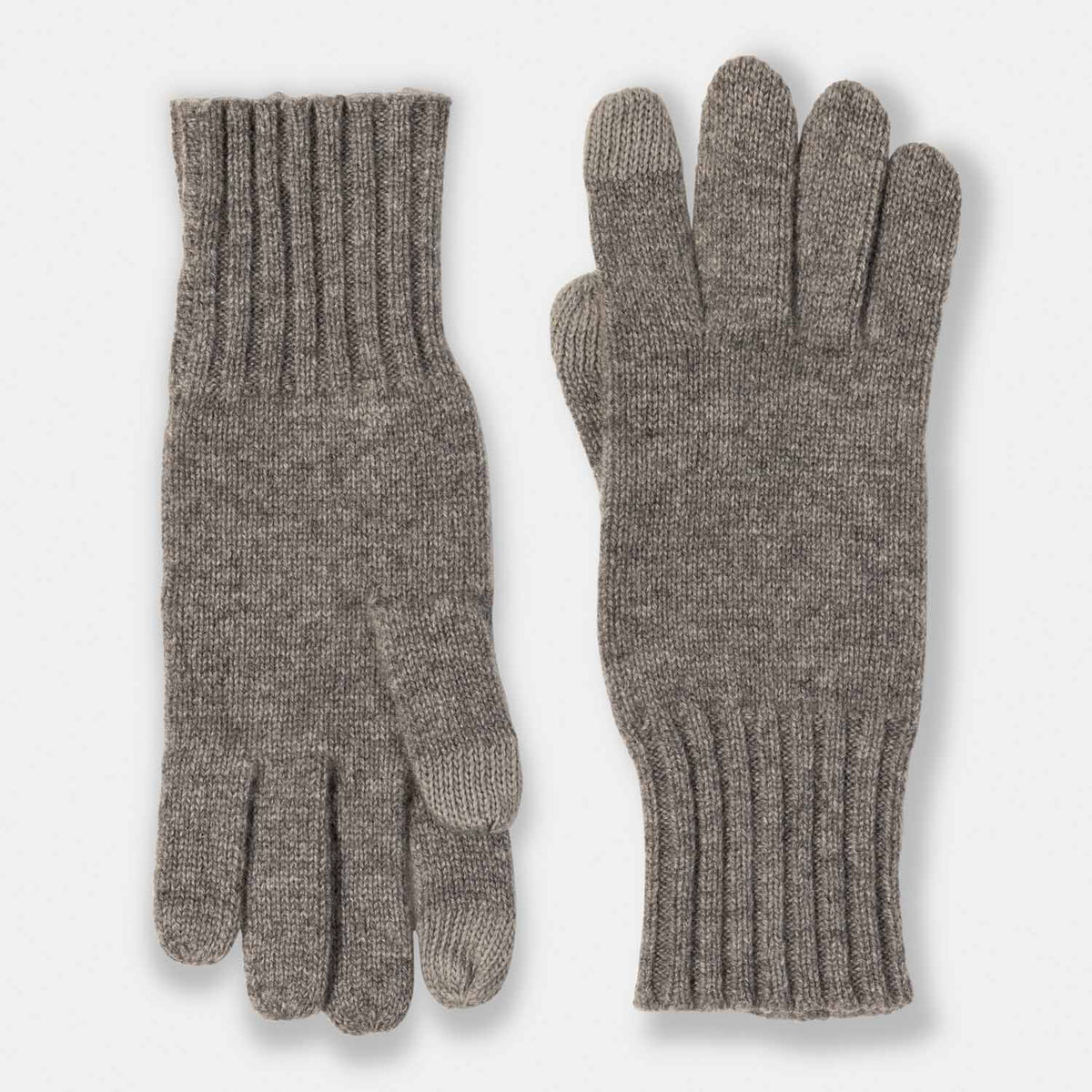 Picture of knit cashmere gloves with touch tech finger tips and rib cuff, grey.