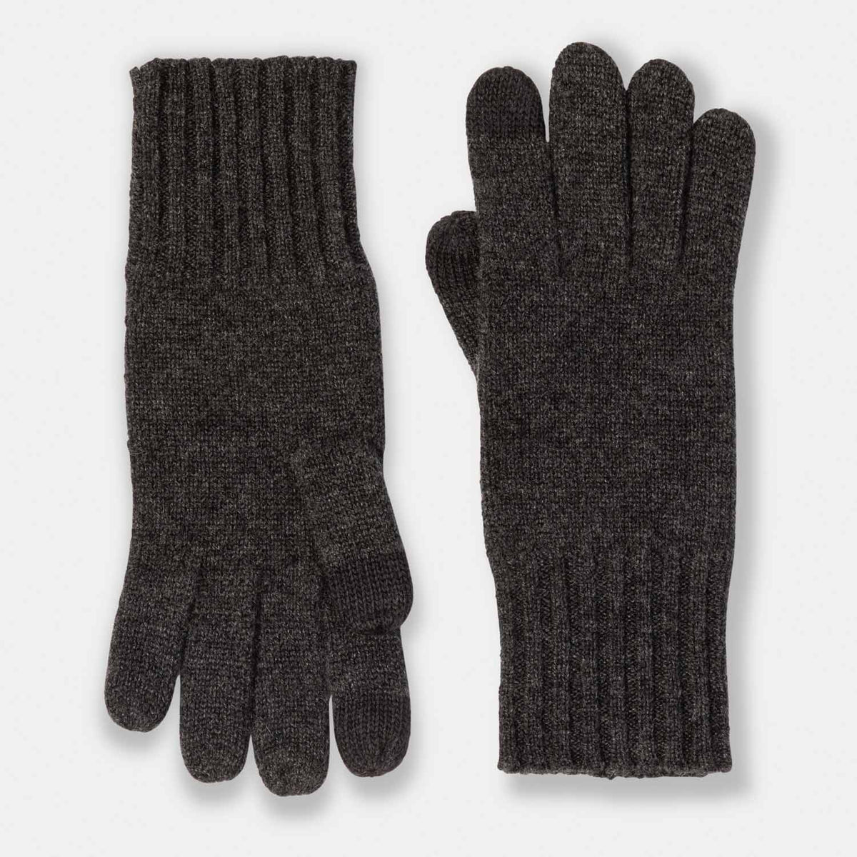 Picture of knit cashmere gloves with touch tech finger tips and rib cuff, charcoal.