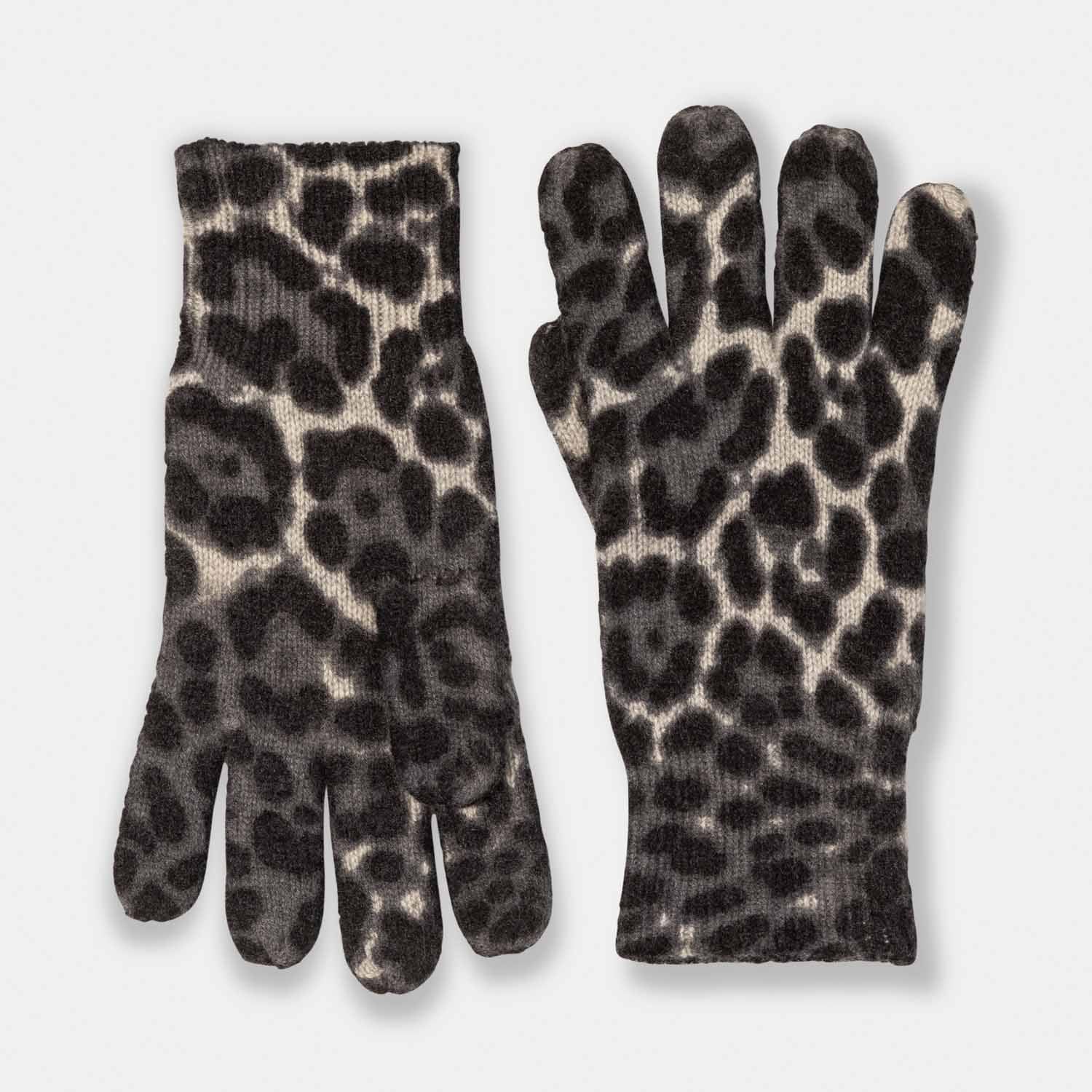 Picture of cashmere knit leopard print gloves, camel and black.