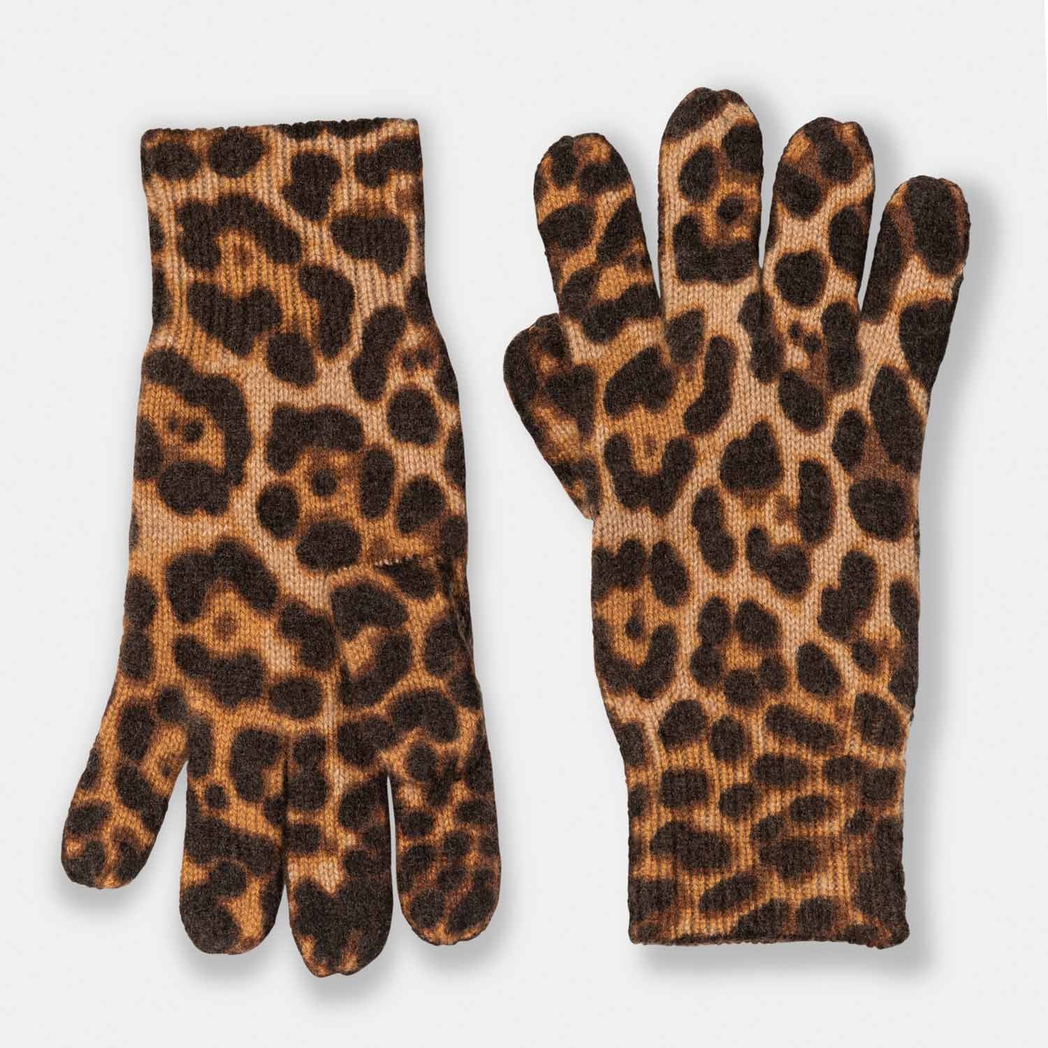 Picture of cashmere knit leopard print gloves, camel and black.