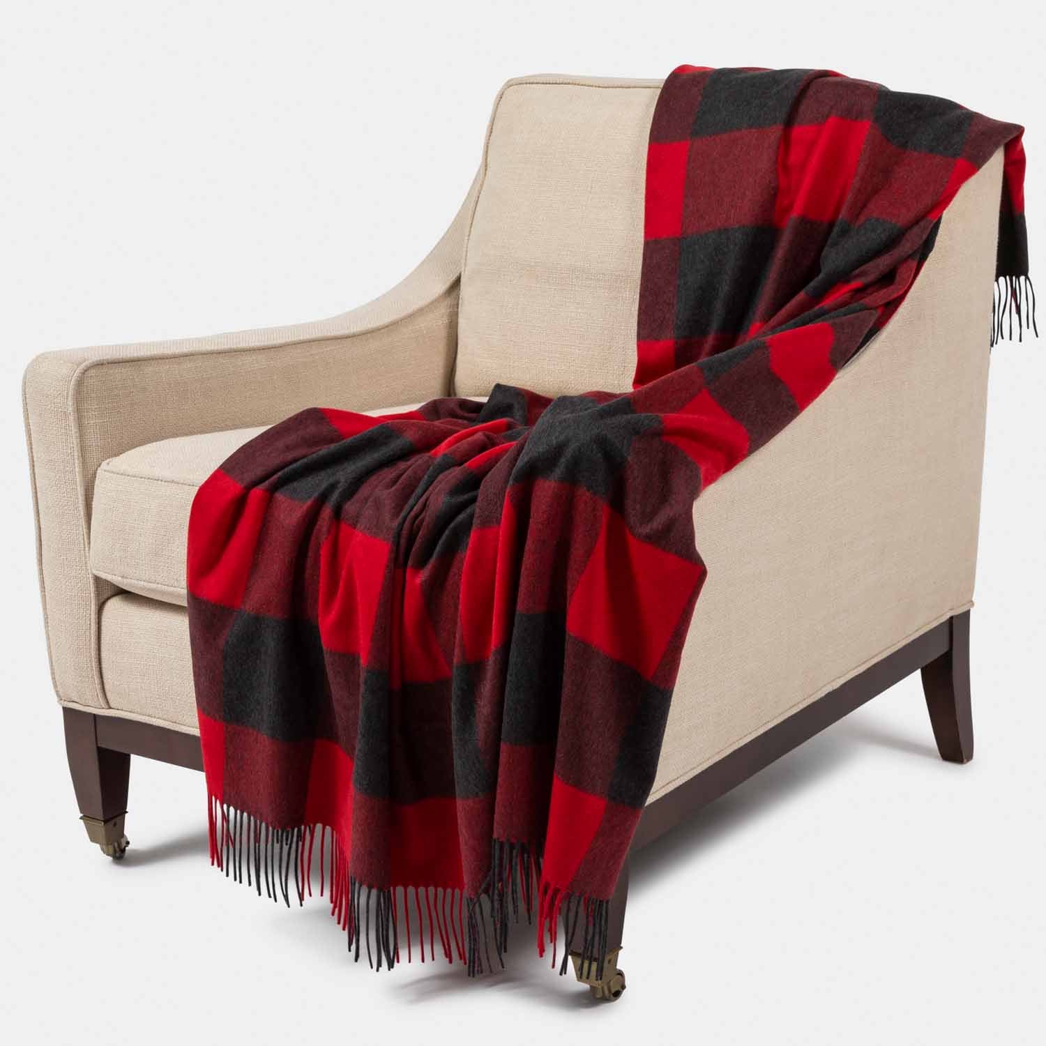 Picture of a woven cashmere throw in red and black buffalo plaid.