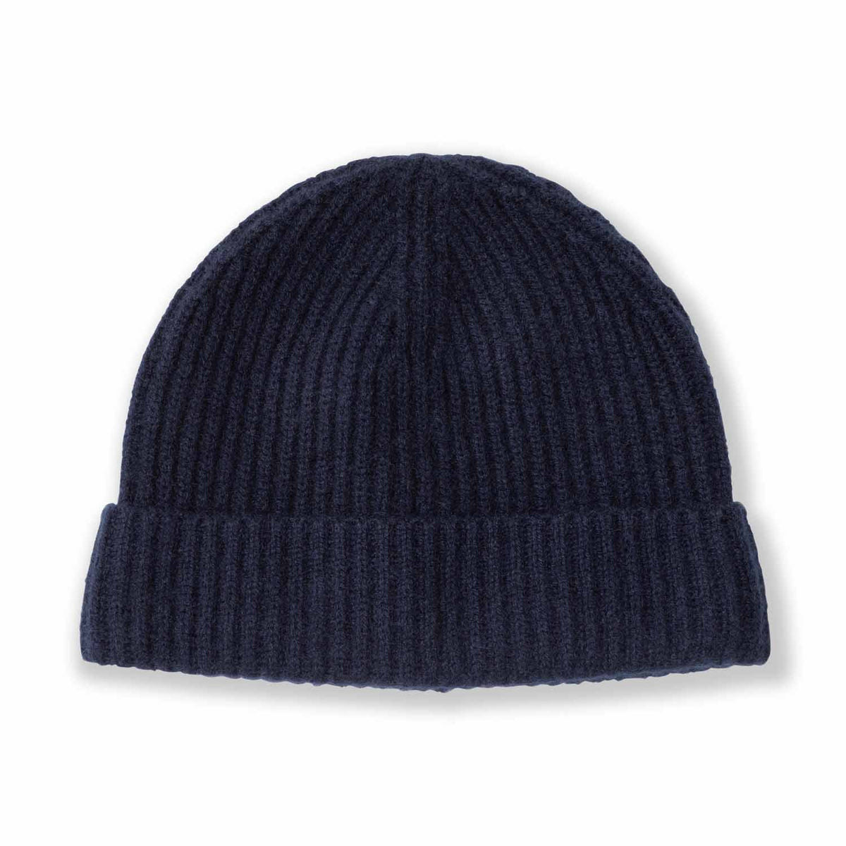 Picture of a man wearing acashmere cardigan rib knit hat in black.