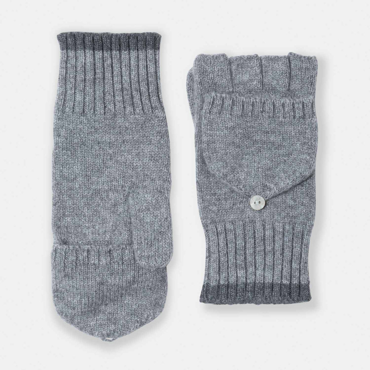 Picture of knit cashmere pop top glove, contrast color at cuff, grey and charcoal.